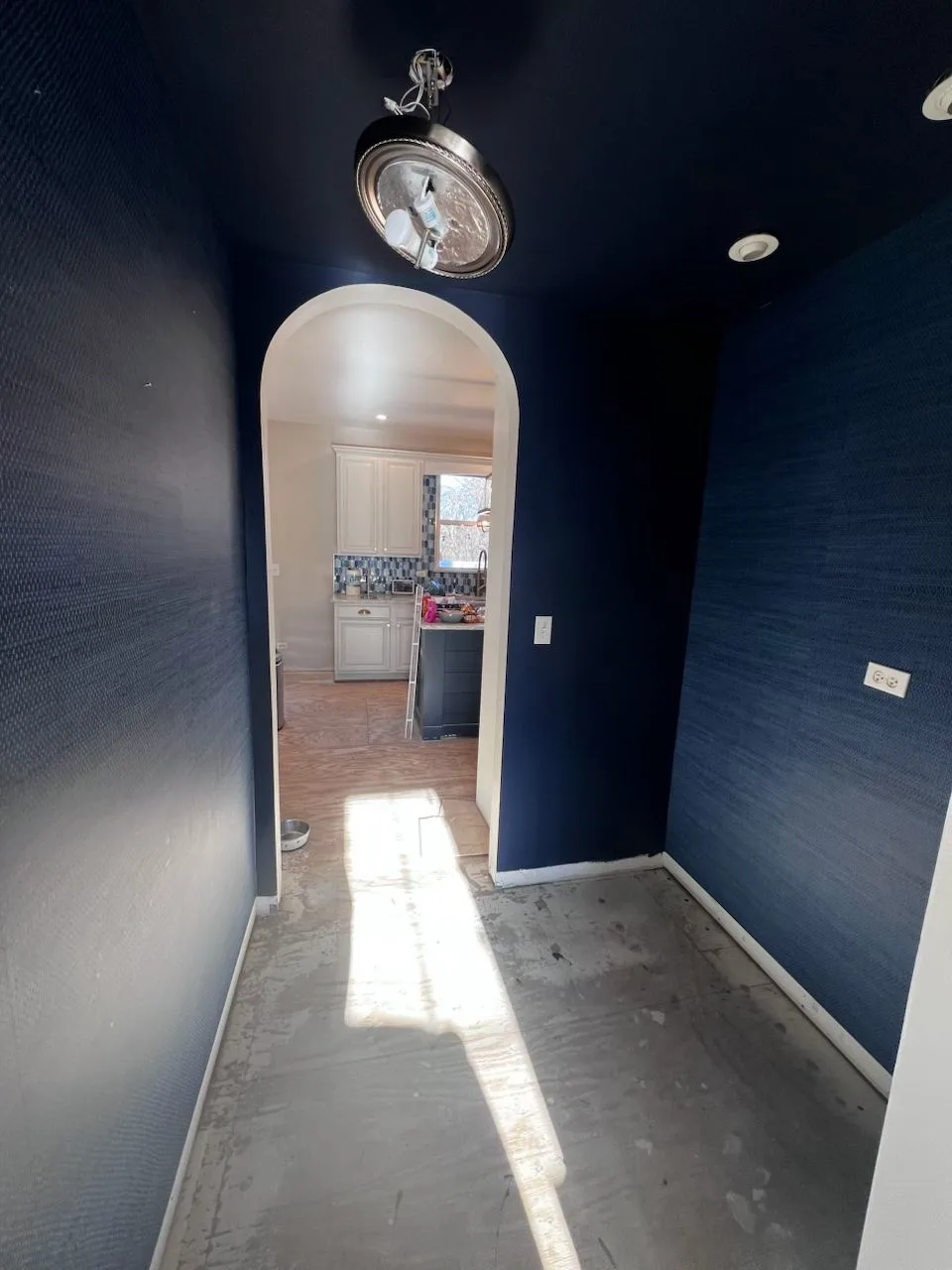 Deep navy accent wall painted by CWN in a finished family room